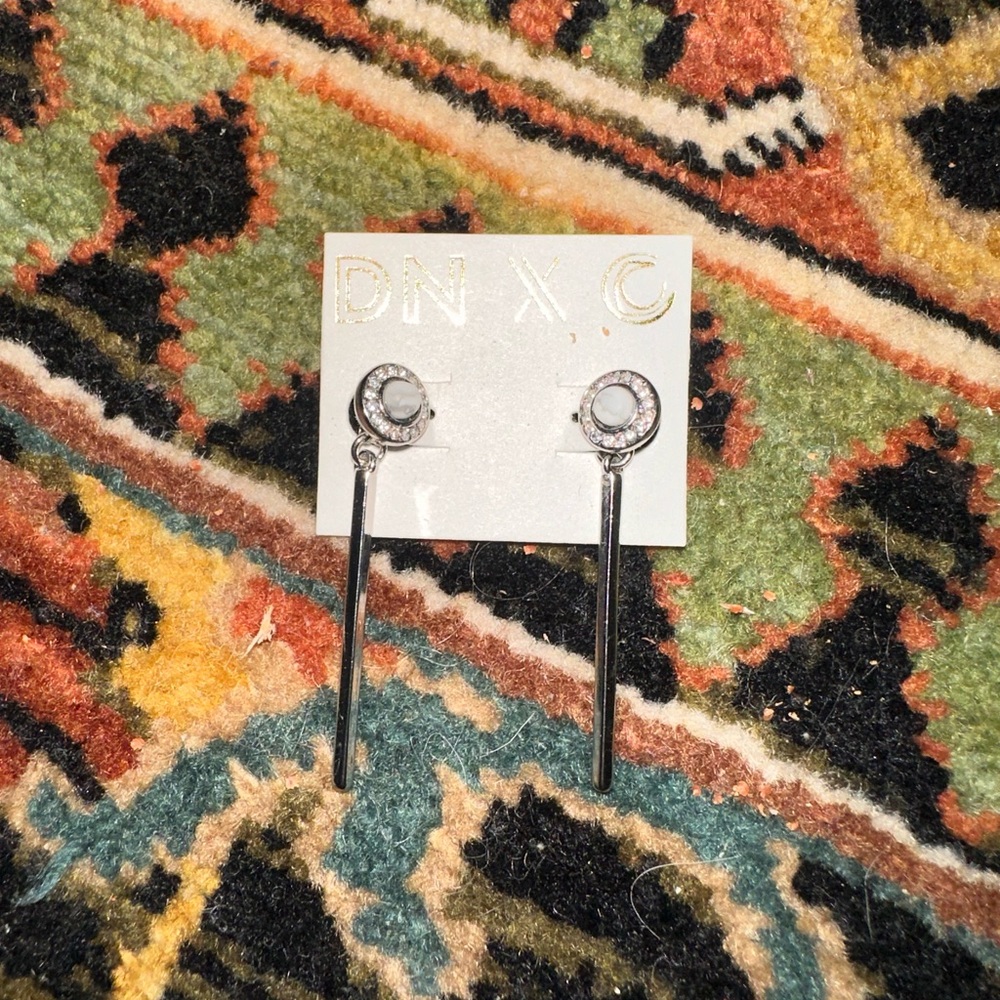 NWT Silver Bar + Crystal Stone Earrings